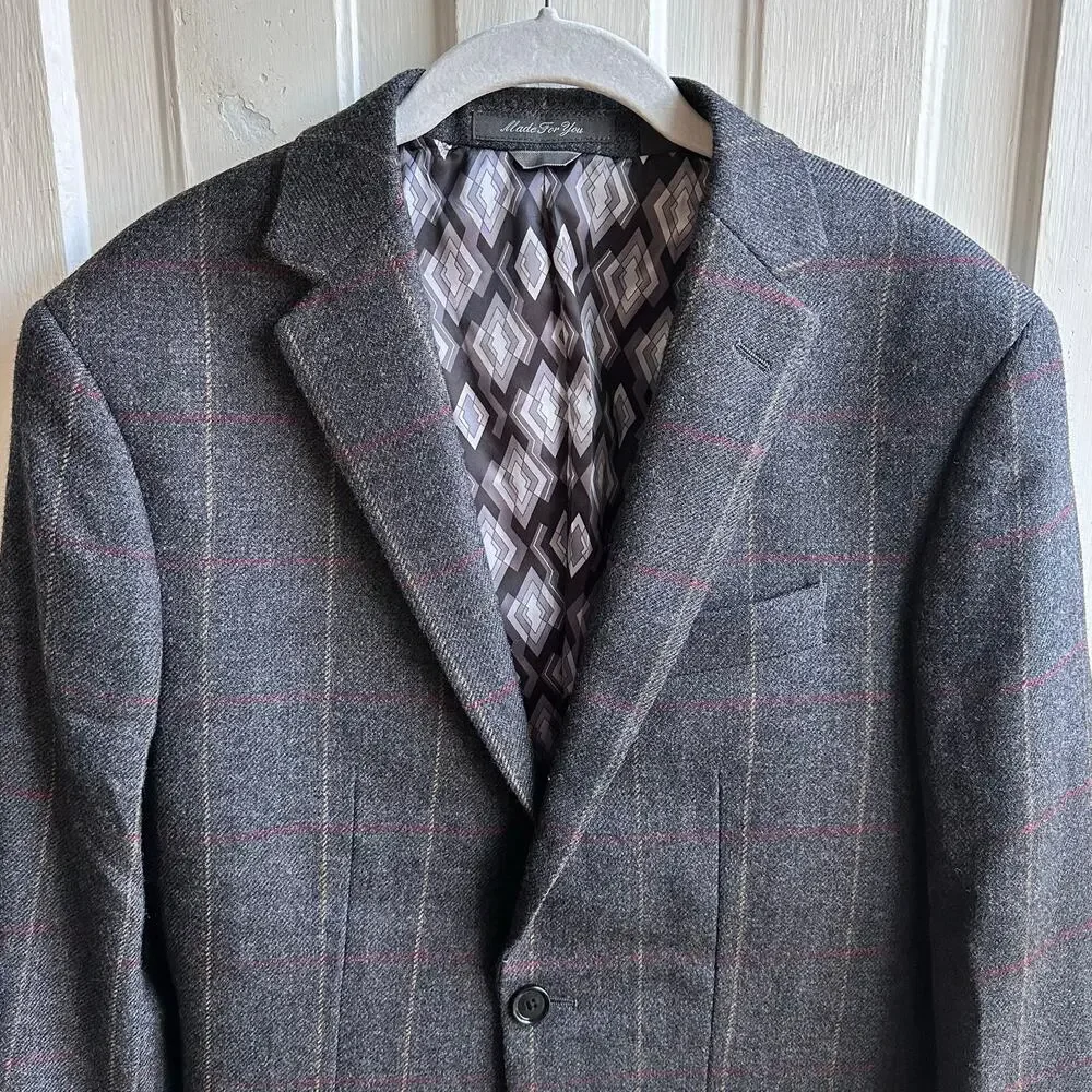 Indochino Made For You 100% Wool Windowpane Blazer Sport Coat Gray 2 Button